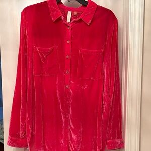 Anthropologie Pilcro Vibrant Pink Velvet Button-Down Shirt
